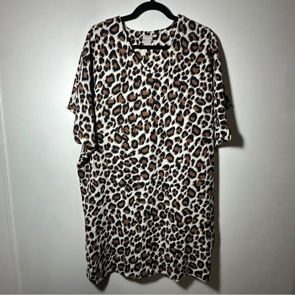 Chico’s Leopard Print Oversized Dolman Sleeve Midi Dress Size Large Boho Neutral